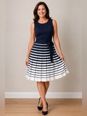 Talbots Fit n Flare Tank Navy and White Pleated Dress with Belt Size 8